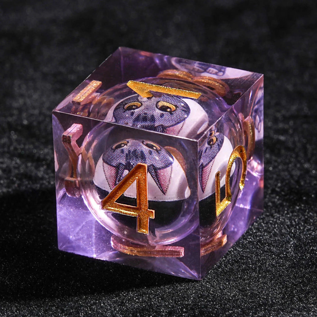 DND Clear Purple Resin Round Liquid Core Cat Dice Set with Gold Numbers