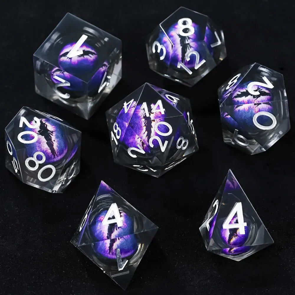 Purple transparent resin liquid core dragon eye DND dice set + Blue Font