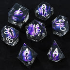 Purple transparent resin liquid core dragon eye DND dice set + Blue Font