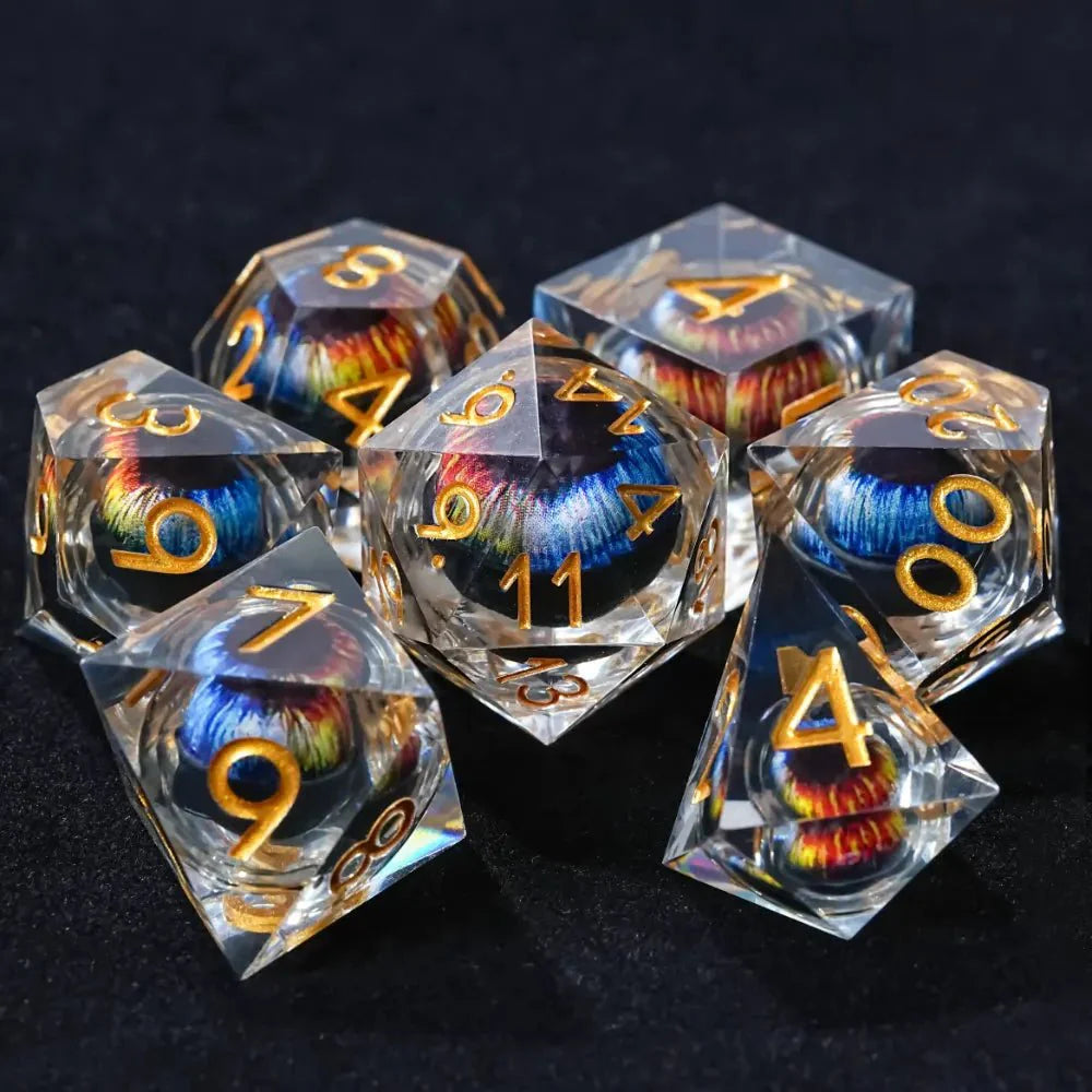 Purple transparent resin liquid core dragon eye DND dice set + Blue Font