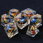 Purple transparent resin liquid core dragon eye DND dice set + Blue Font
