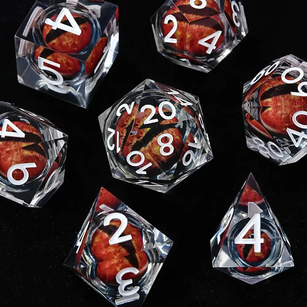 Purple transparent resin liquid core dragon eye DND dice set + Blue Font