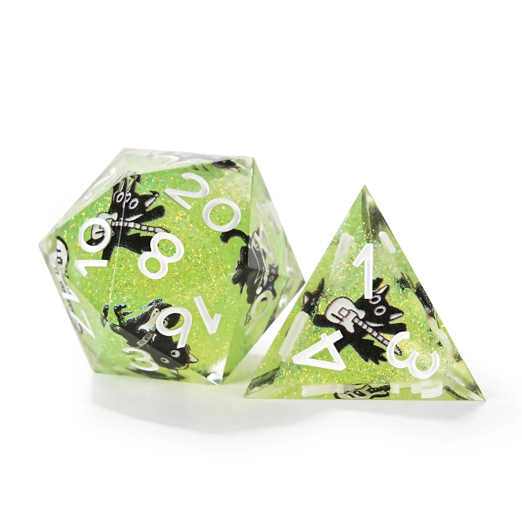 Dynamic Music Black Cat Light Blue Glitter Resin DND Dice Set