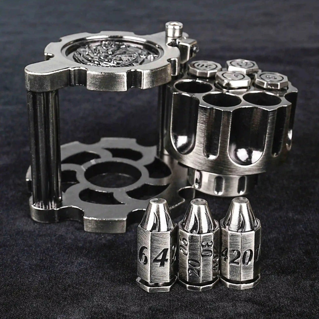 Unique dnd revolver dice set: 7 cool metal dnd bullet dice in the rotating revolver cylindrical magazine