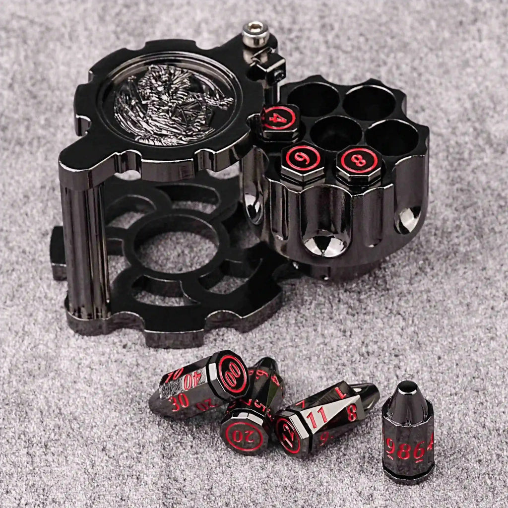 Unique dnd revolver dice set: 7 cool metal dnd bullet dice in the rotating revolver cylindrical magazine