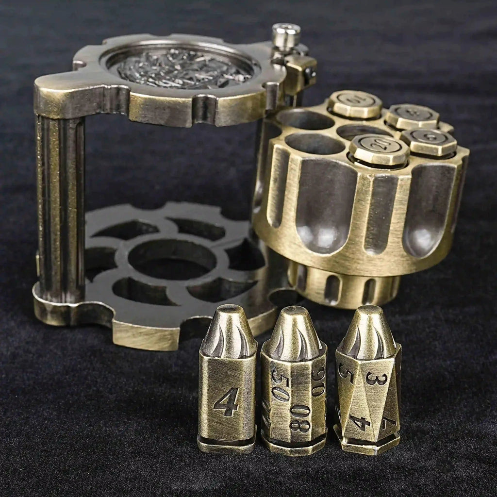 Unique dnd revolver dice set: 7 cool metal dnd bullet dice in the rotating revolver cylindrical magazine