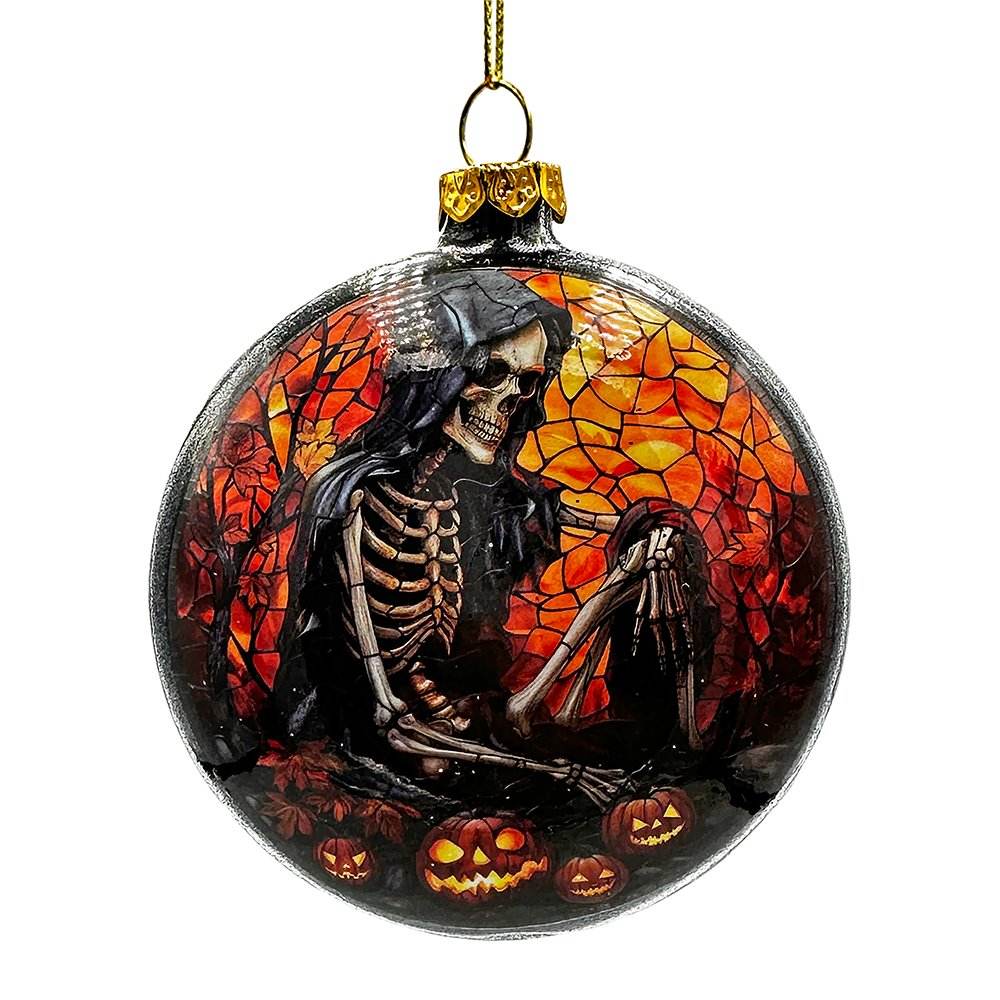 Creepy Stained Glass Skeleton and Raven Haunted Ornament, Halloween Horror and Christmas Tree Decor - 