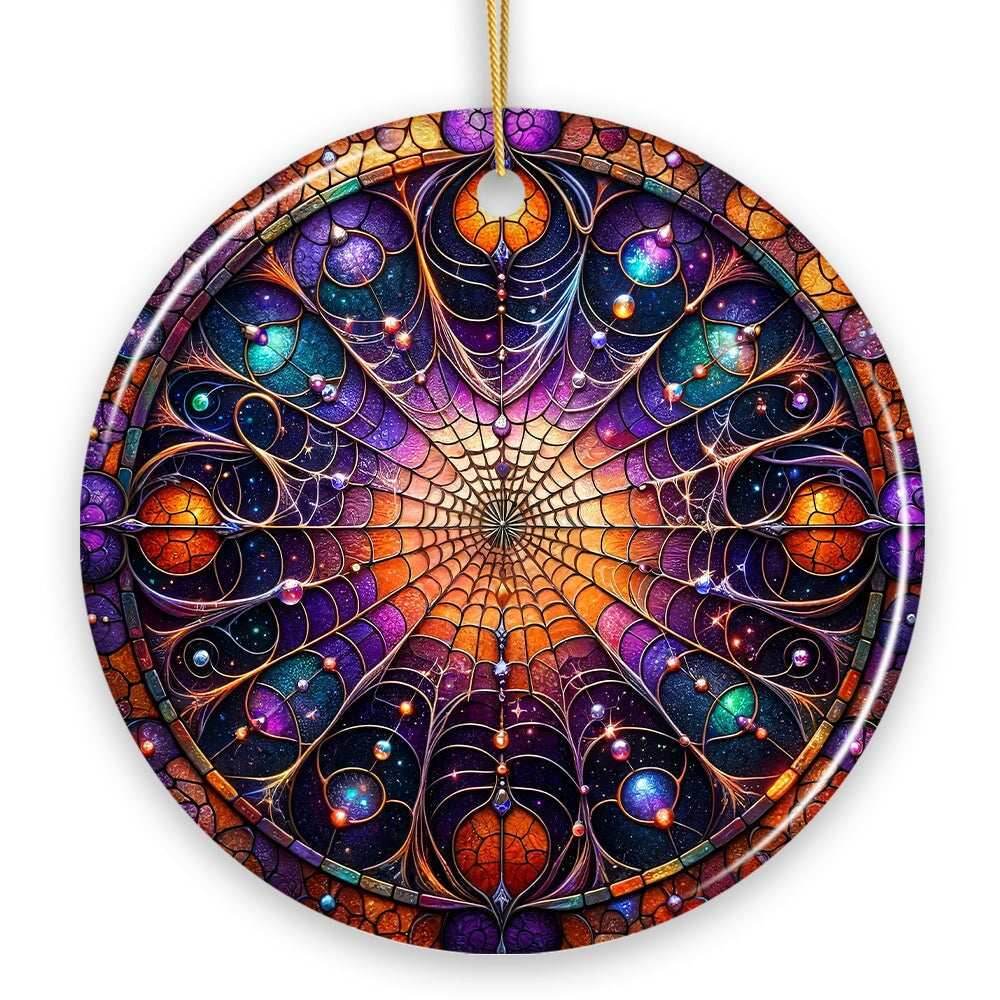 Whispering Shadows Enchanted Cobweb Stained Glass Style Ceramic Ornament, Halloween Themed Christmas Gift and Decor - Circle