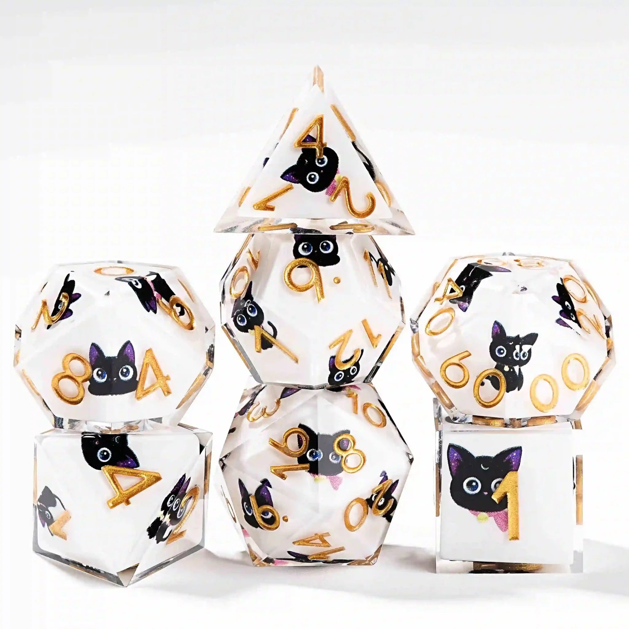 Black purple ears and big eyes cute cat resin DND dice set