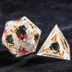 Handmade unique dice sets: Egyptian Pharaoh's black cat flower resin edge sharp dnd dice + gold font