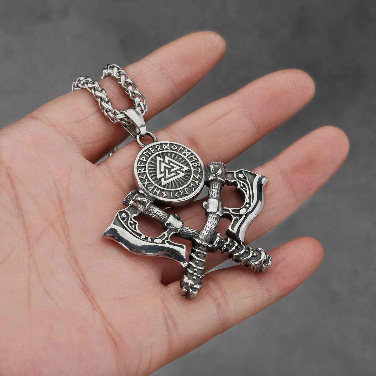Men's Stainless Steel Axe Pendant Necklace - Double Axe Design
