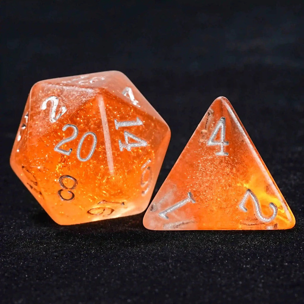 Amber Ale Beer Liquid Core Resin DND Dice Set + Silver Font