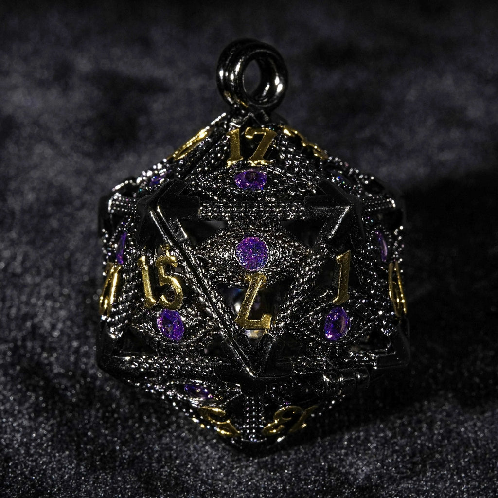 Amethyst Dragon's Eye Metal D20 Dice Cage + Mini Dice Set