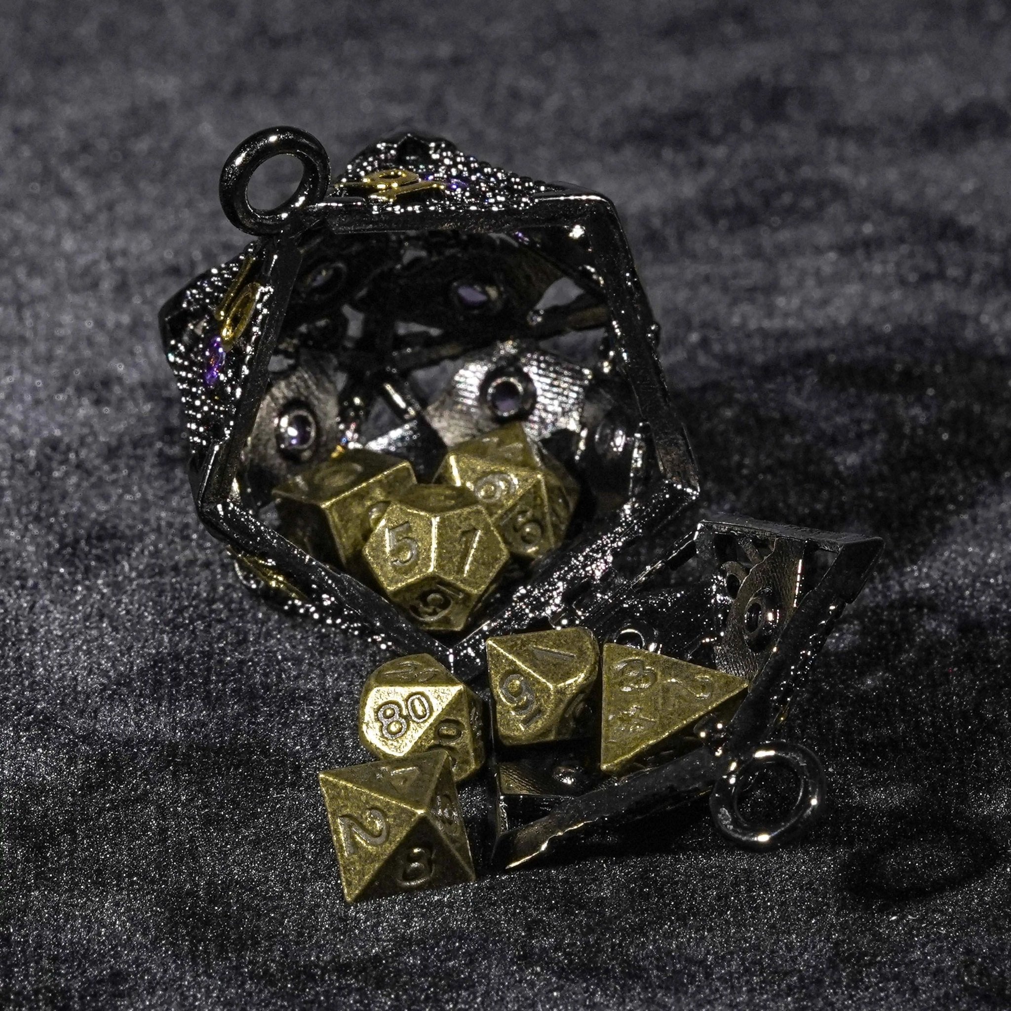 Amethyst Dragon's Eye Metal D20 Dice Cage + Mini Dice Set