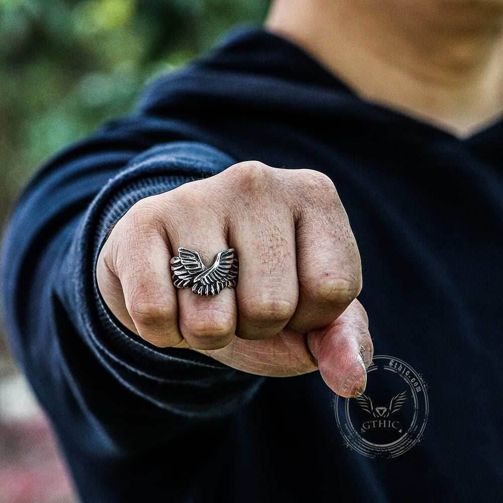 Angel Wing Stainless Steel Beast Ring - Stainless Steel / 7