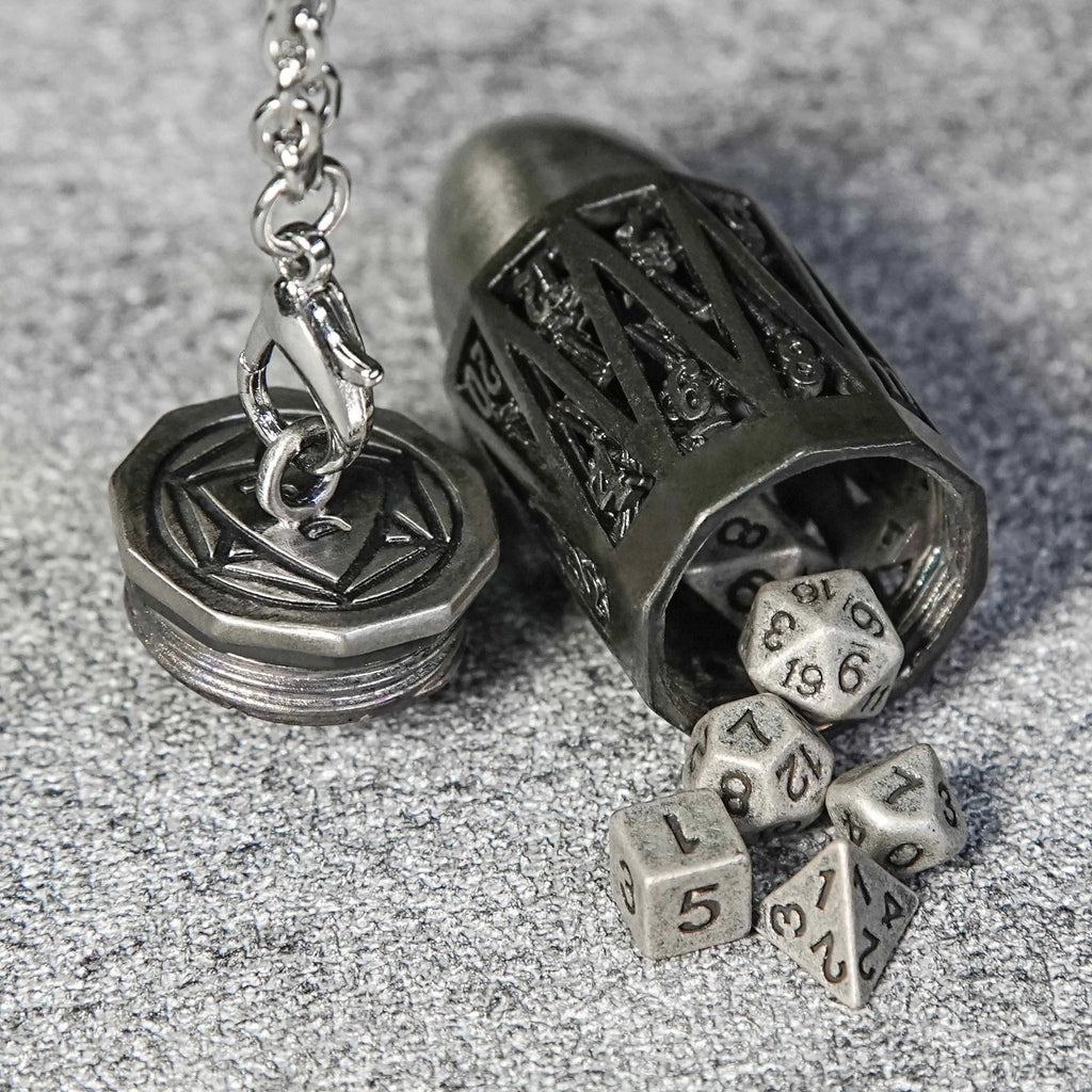 Antique Nickel Bullet Hollow Metal D20 Dice Cage Necklace + 7 Mini Metal Dice Set