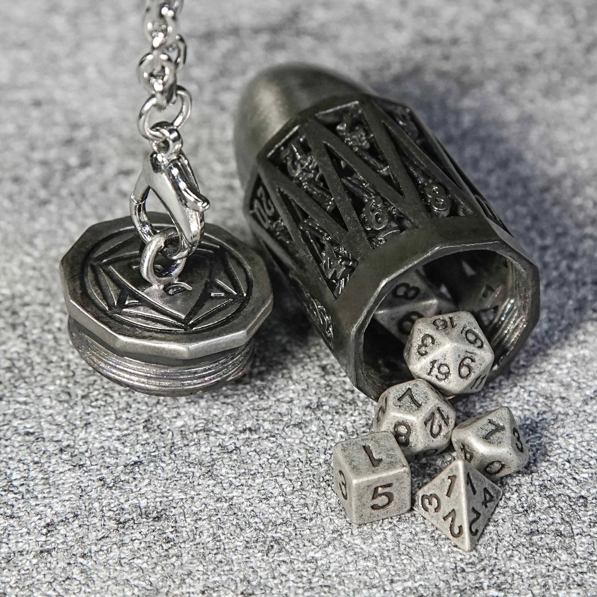 Antique Nickel Bullet Hollow Metal D20 Dice Cage Necklace + 7 Mini Metal Dice Set