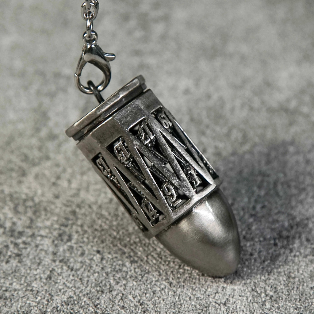 Antique Nickel Bullet Hollow Metal D20 Dice Cage Necklace + 7 Mini Metal Dice Set