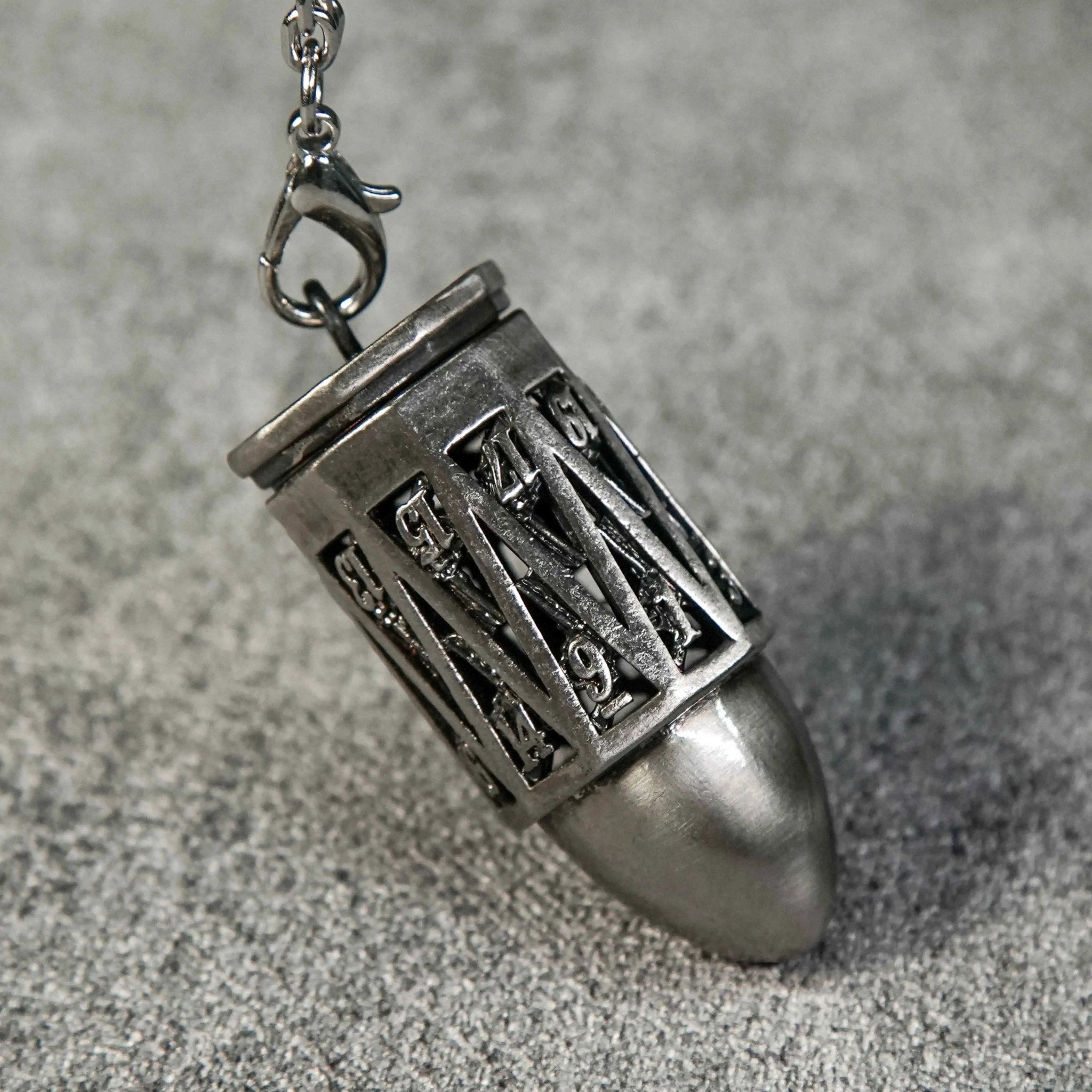 Antique Nickel Bullet Hollow Metal D20 Dice Cage Necklace + 7 Mini Metal Dice Set