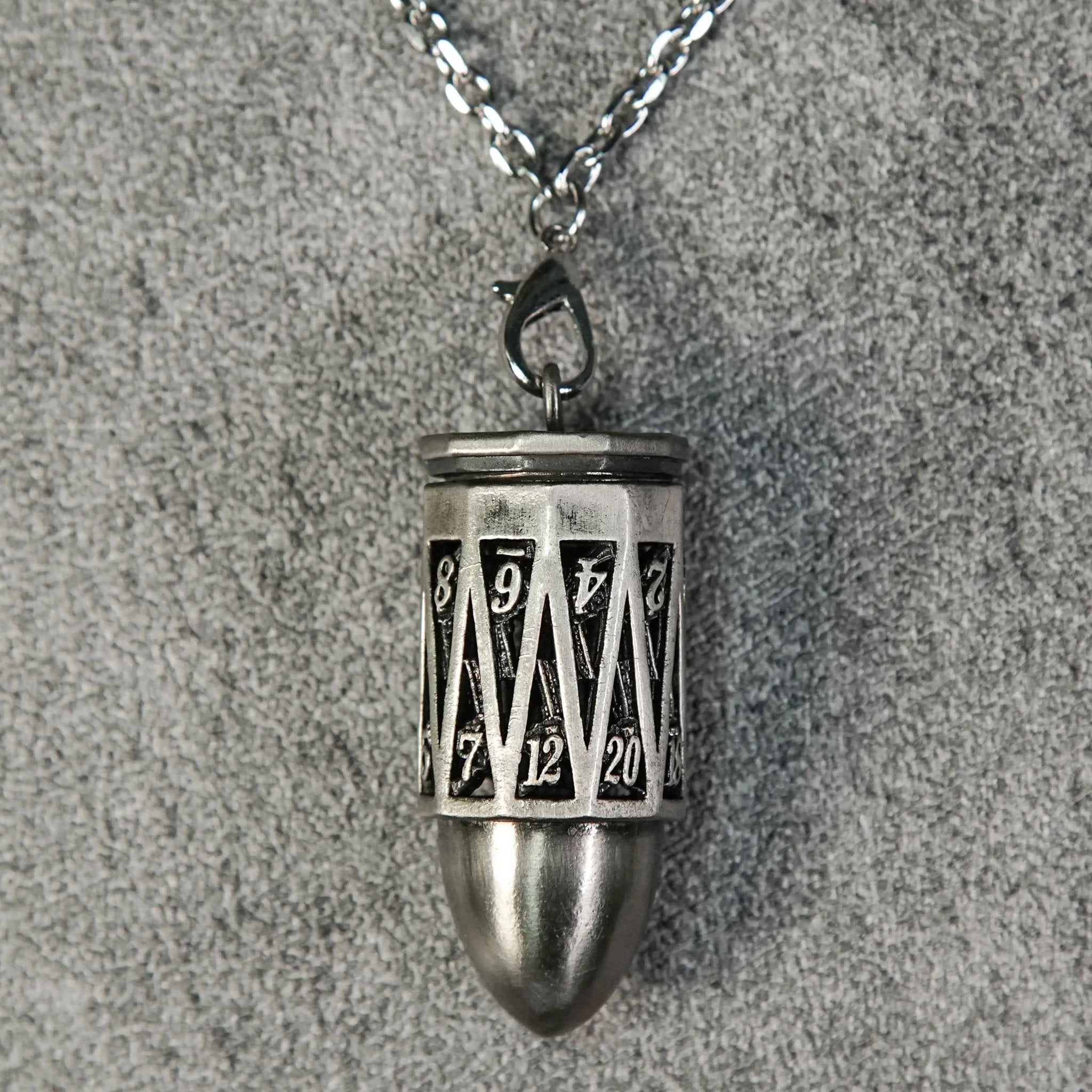 Antique Nickel Bullet Hollow Metal D20 Dice Cage Necklace + 7 Mini Metal Dice Set