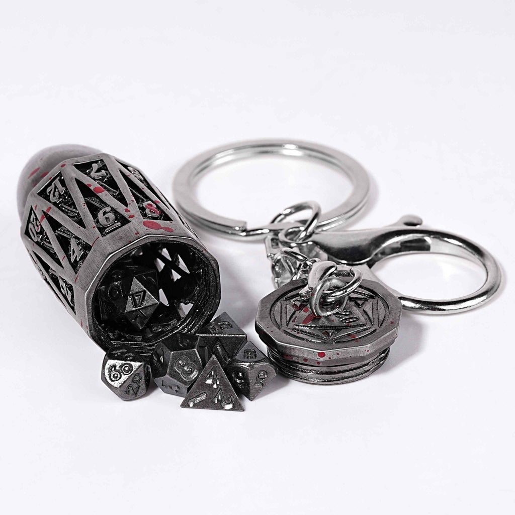 Antique Nickel Bullet Hollow Metal D20 Dice Cage Necklace + 7 Mini Metal Dice Set