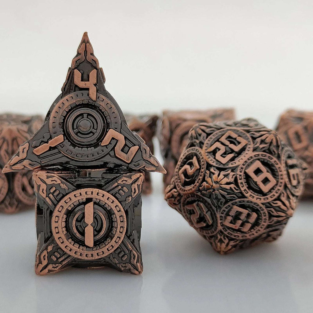 Antique Red Copper Solid Metal DND Dice Set Flying Saucer Elements