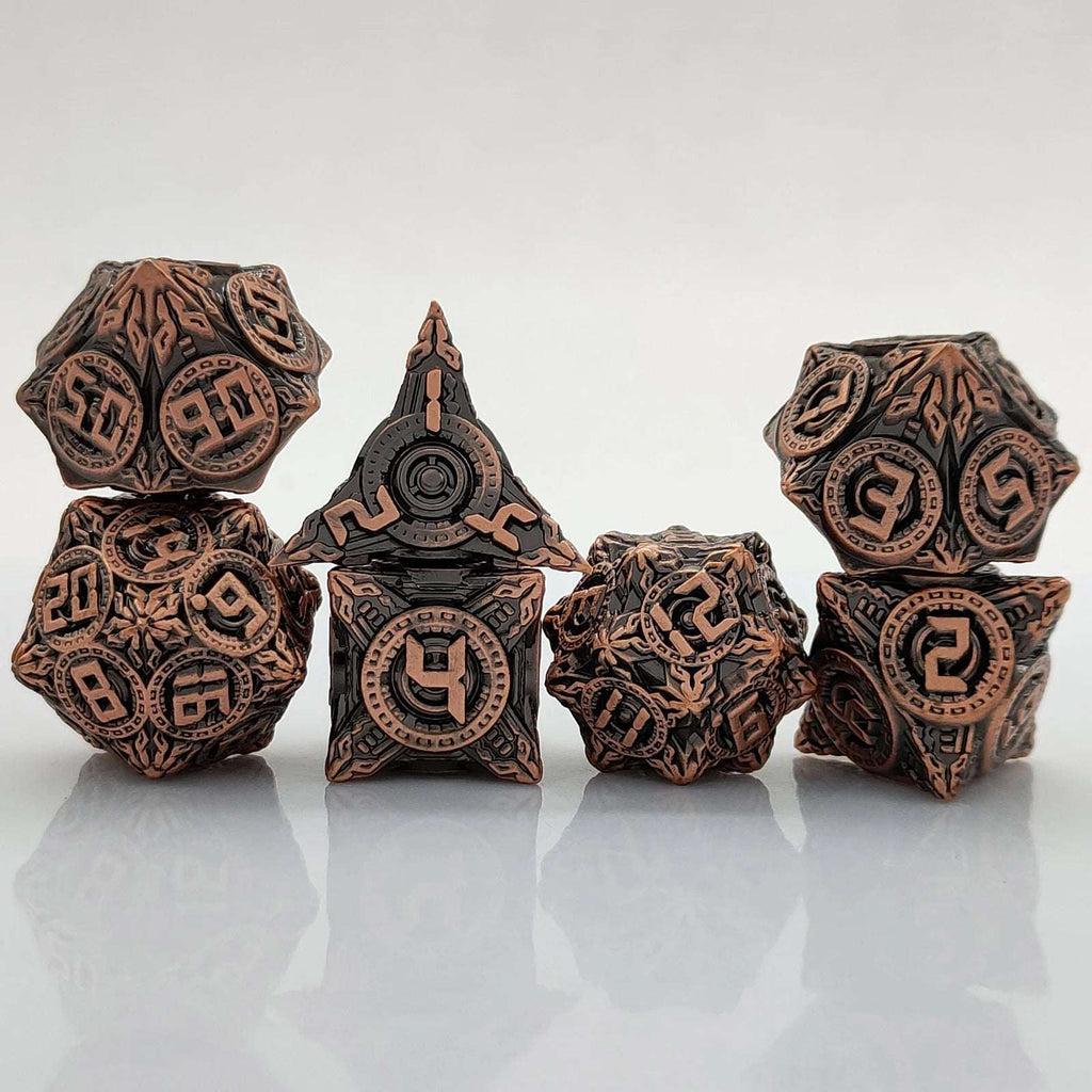 Antique Red Copper Solid Metal DND Dice Set Flying Saucer Elements