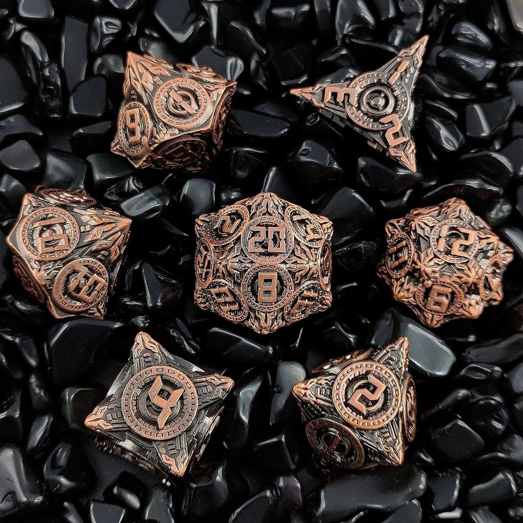 Antique Red Copper Solid Metal DND Dice Set Flying Saucer Elements