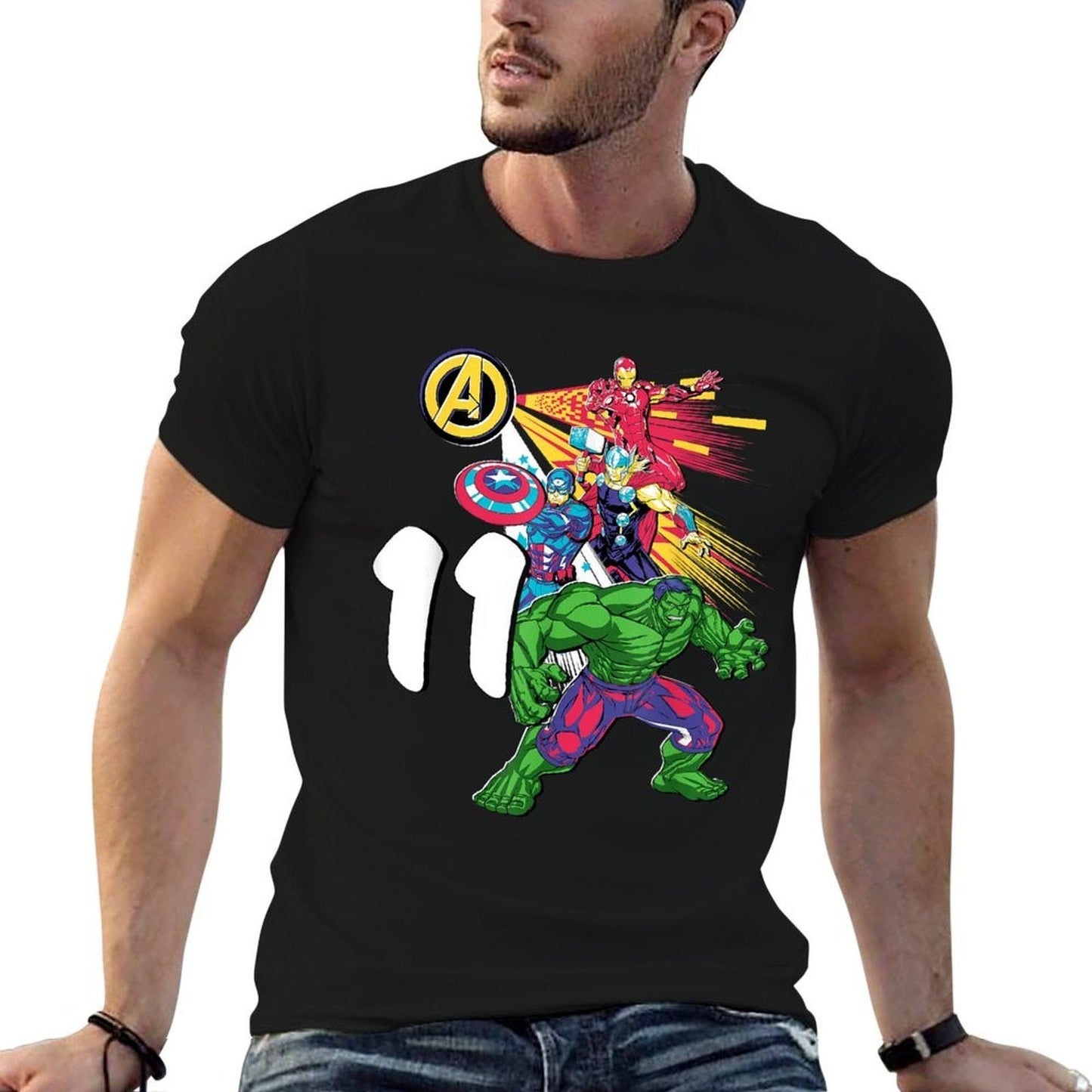 Marvel Super Heroes Avengers 11 Year Old Eleventh Birthday  Ribbed Collar T-Shirt