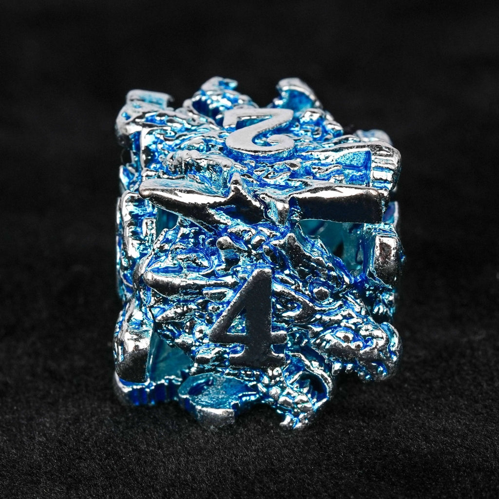 Balor Style - Silver Blue Dragon Head Metal Hollow dnd Dice Set