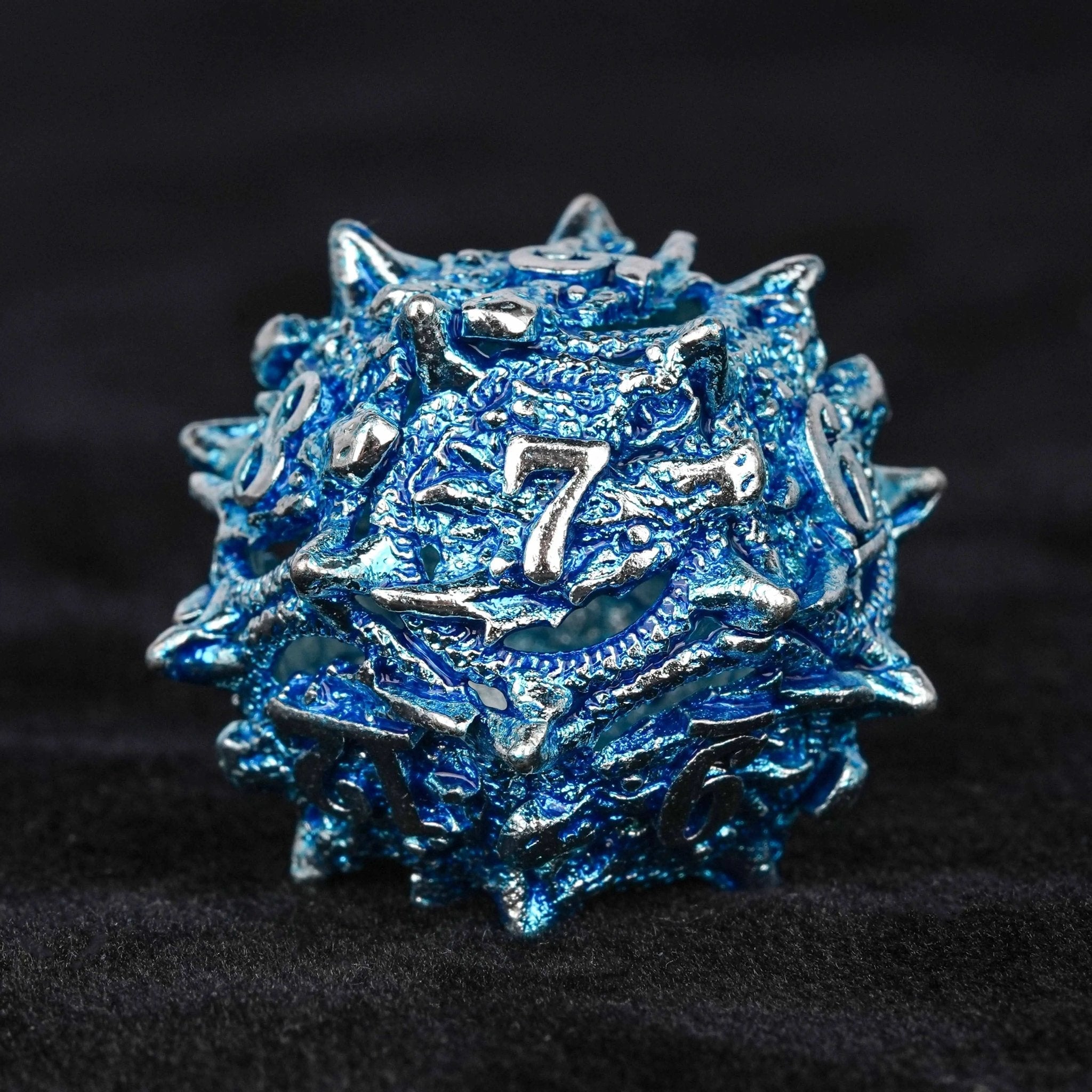 Balor Style - Silver Blue Dragon Head Metal Hollow dnd Dice Set