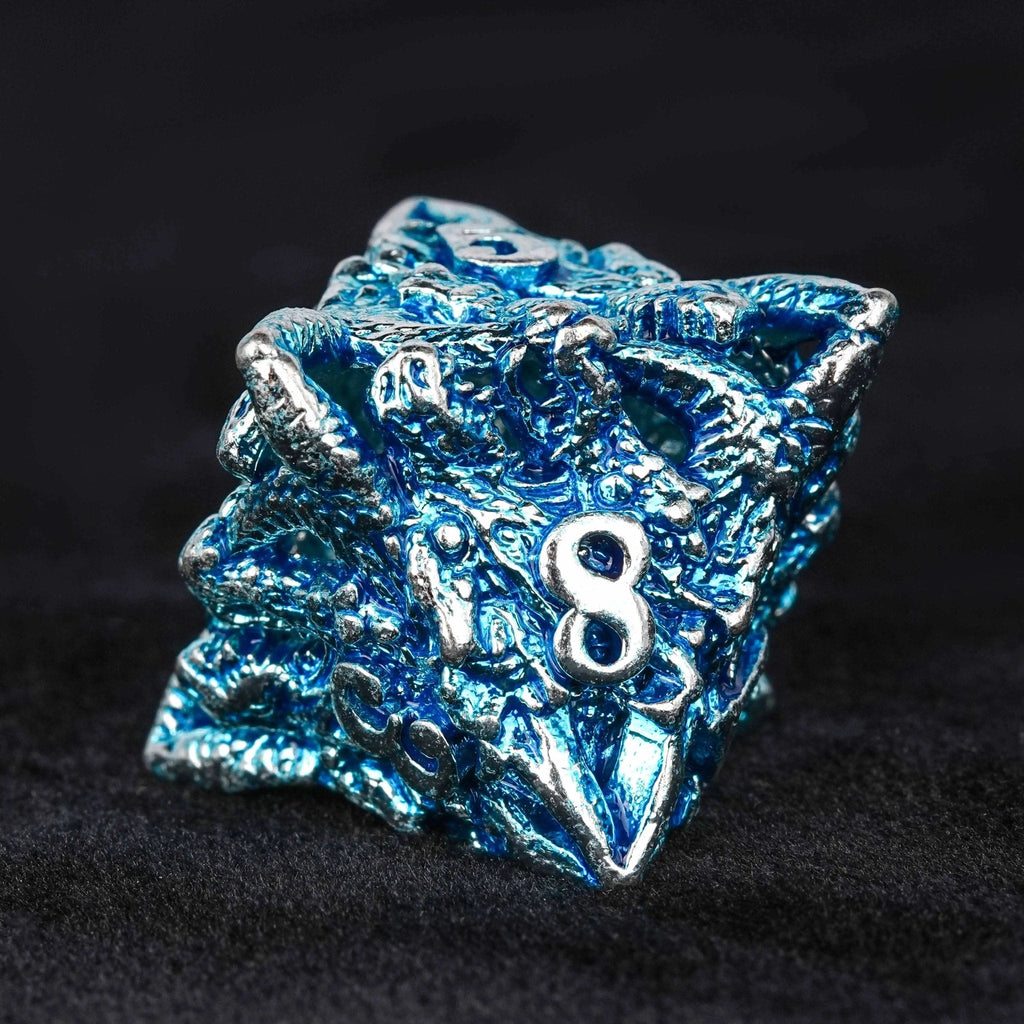 Balor Style - Silver Blue Dragon Head Metal Hollow dnd Dice Set