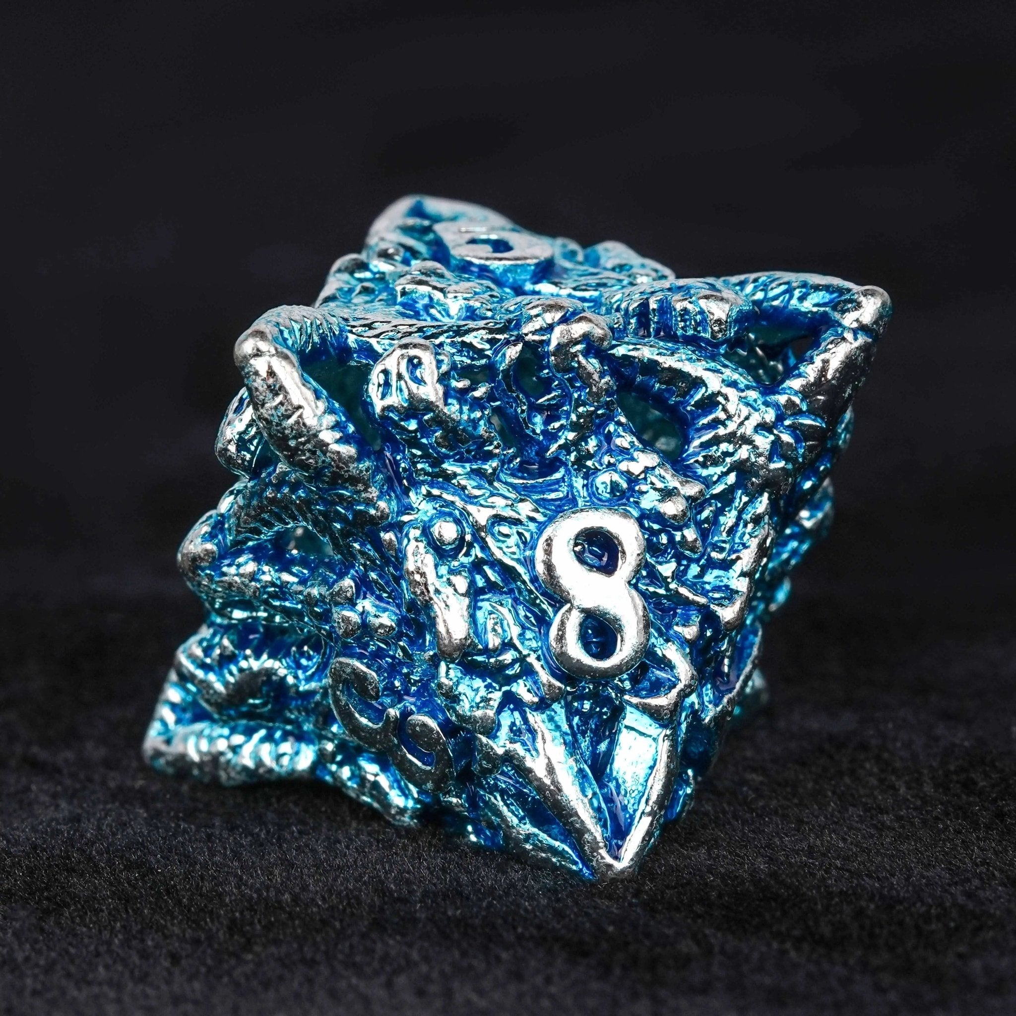 Balor Style - Silver Blue Dragon Head Metal Hollow dnd Dice Set
