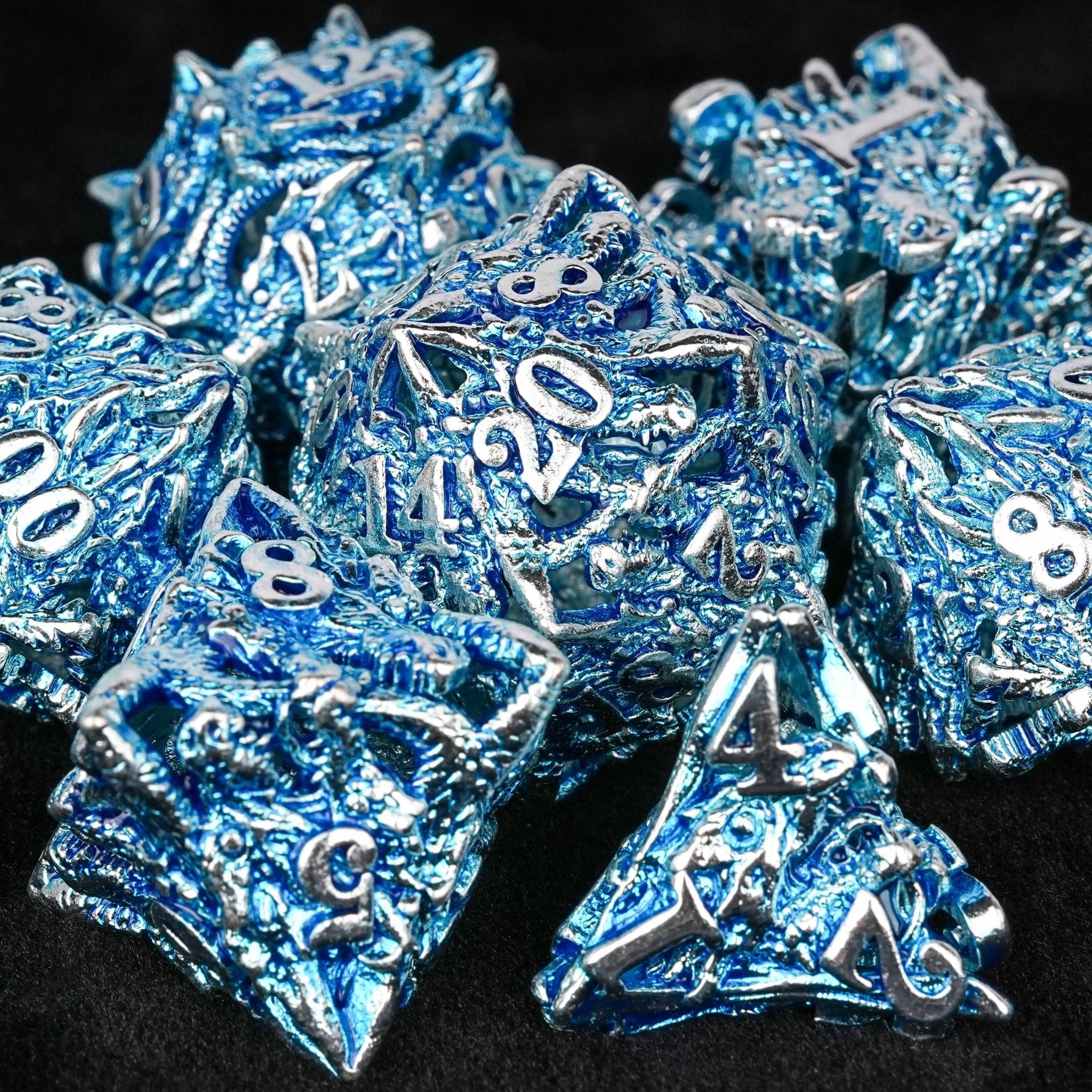 Balor Style - Silver Blue Dragon Head Metal Hollow dnd Dice Set