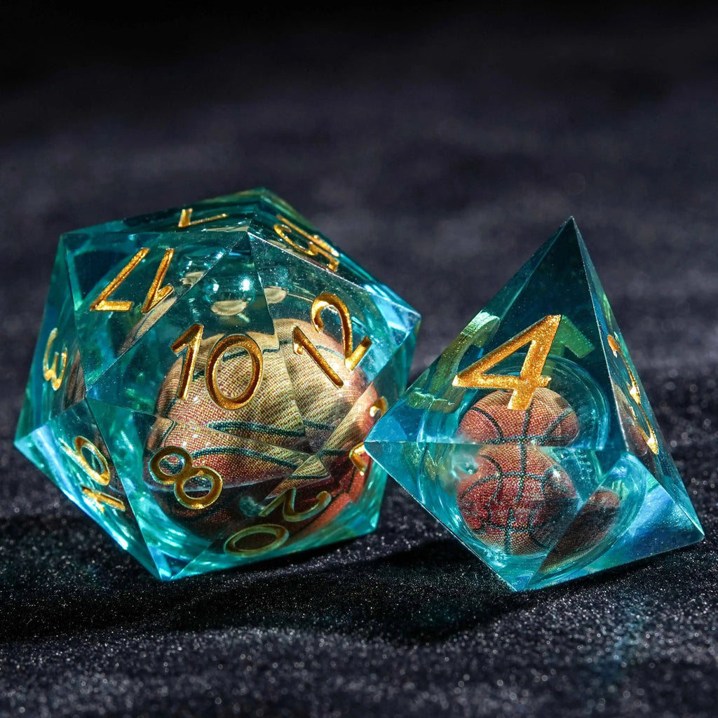 Basketball Core DND Dice Set Water Blue Transparent Resin + Gold Font