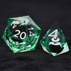 Black and White No. 8 Billiard Ball Core Green Resin DND Dice Set + Silver Font