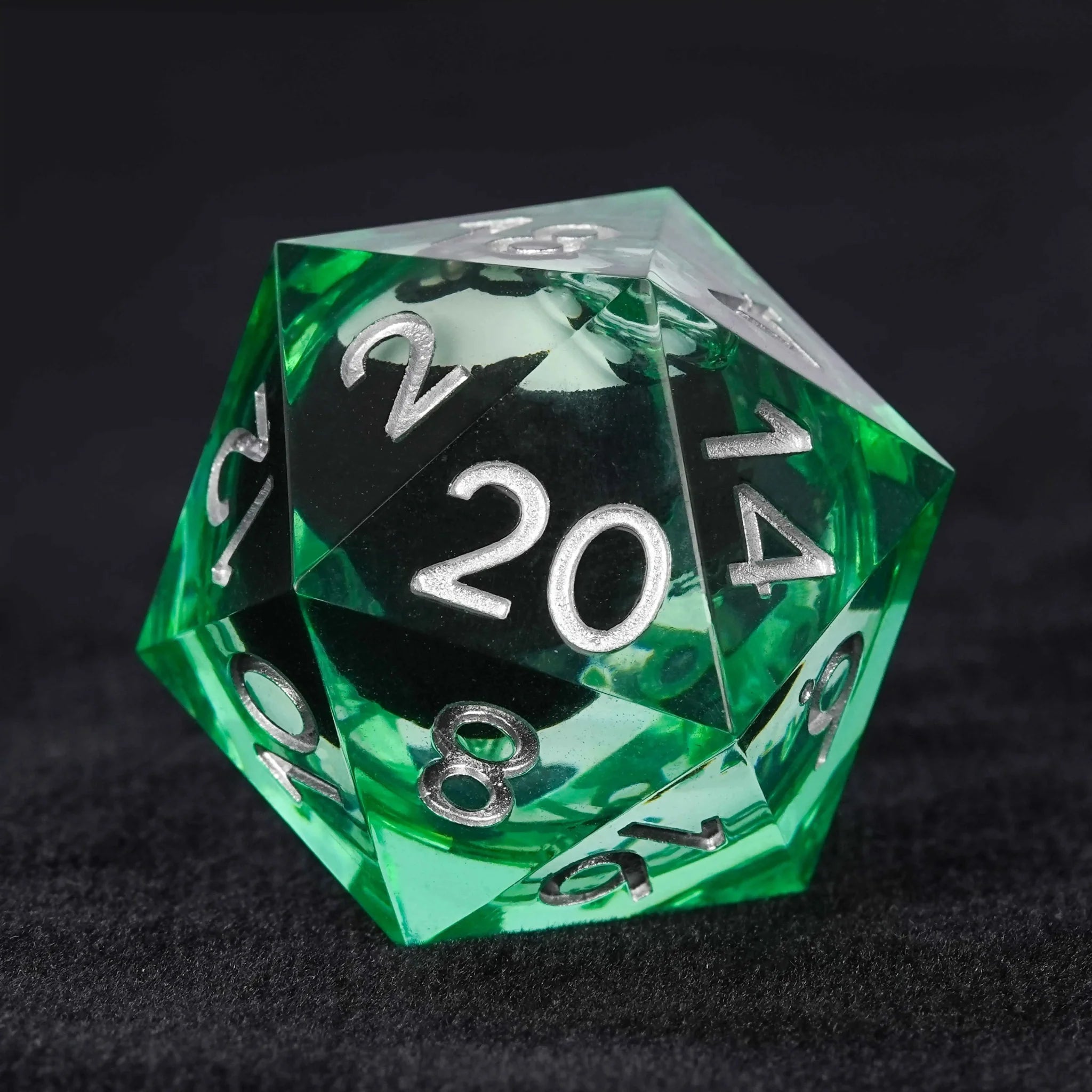 Black and White No. 8 Billiard Ball Core Green Resin DND Dice Set + Silver Font