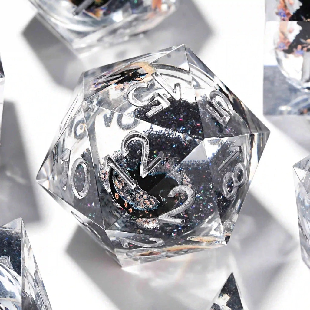 Black Cat Liquid Core Clear Resin D&D Dice, Quicksand Dice Set