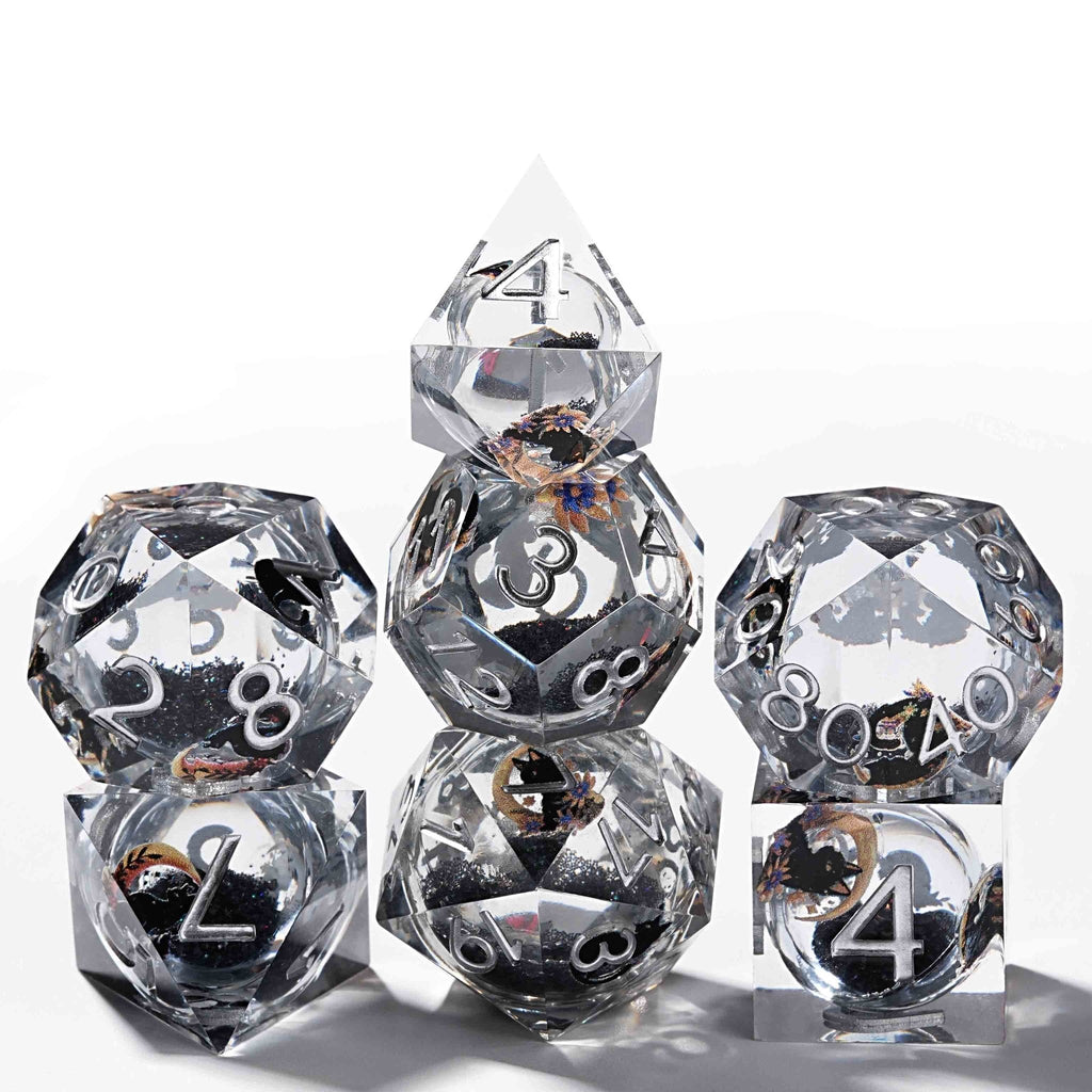 Black Cat Liquid Core Clear Resin D&D Dice, Quicksand Dice Set