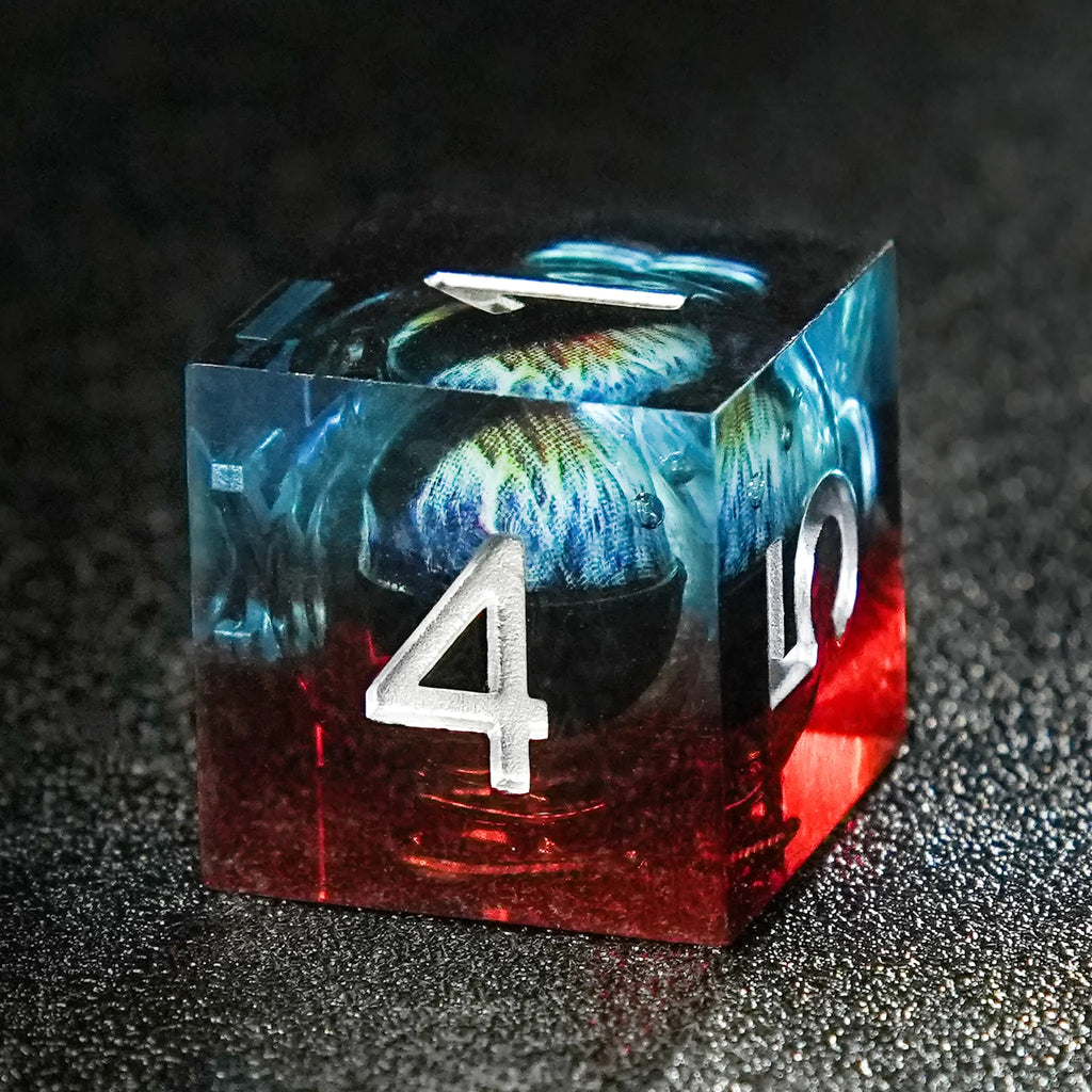 Blue and Red Transparent Liquid Core Dragon Eye Resin DND Dice Set + Silver Numbers