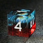 Blue and Red Transparent Liquid Core Dragon Eye Resin DND Dice Set + Silver Numbers