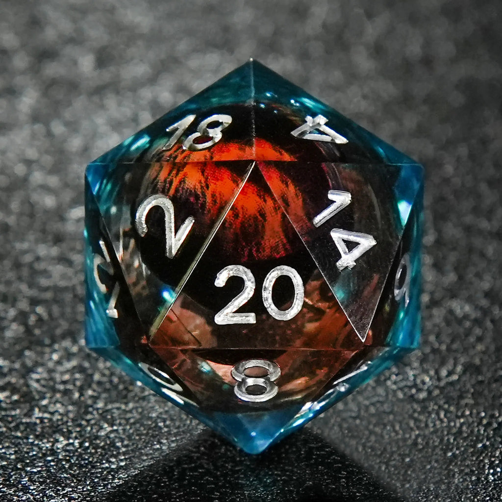 Blue and Red Transparent Liquid Core Dragon Eye Resin DND Dice Set + Silver Numbers