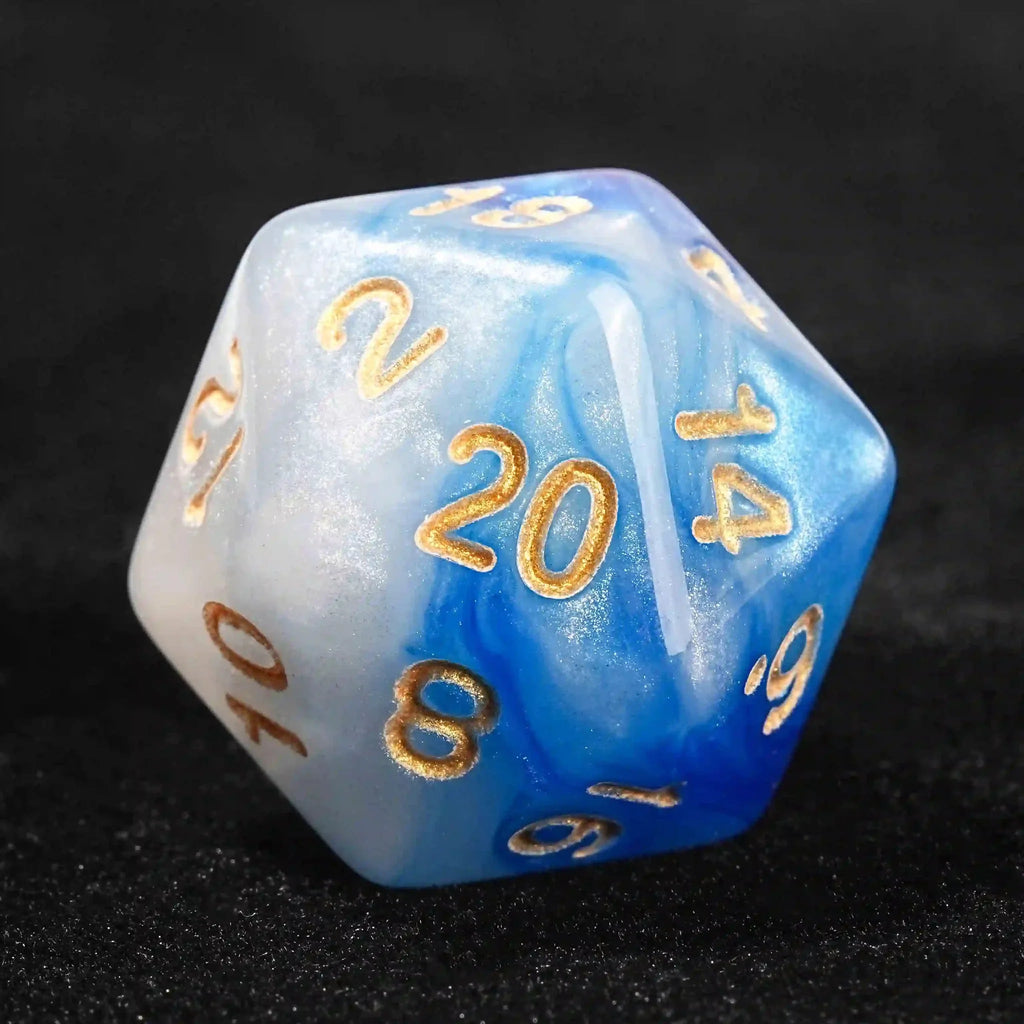 Blue and white swirl acrylic DND dice set + gold font