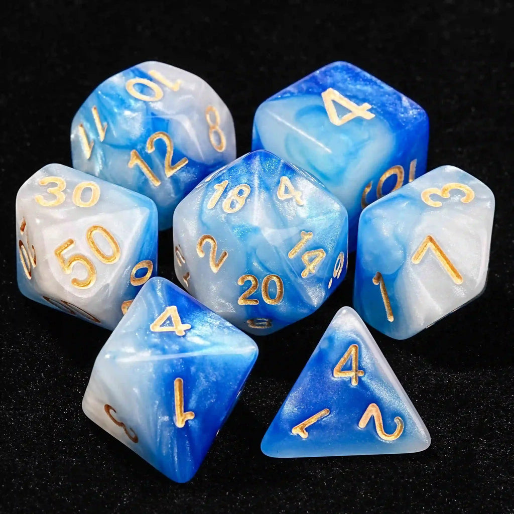 Blue and white swirl acrylic DND dice set + gold font