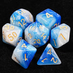 Blue and white swirl acrylic DND dice set + gold font