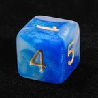 Blue and white swirl acrylic DND dice set + gold font
