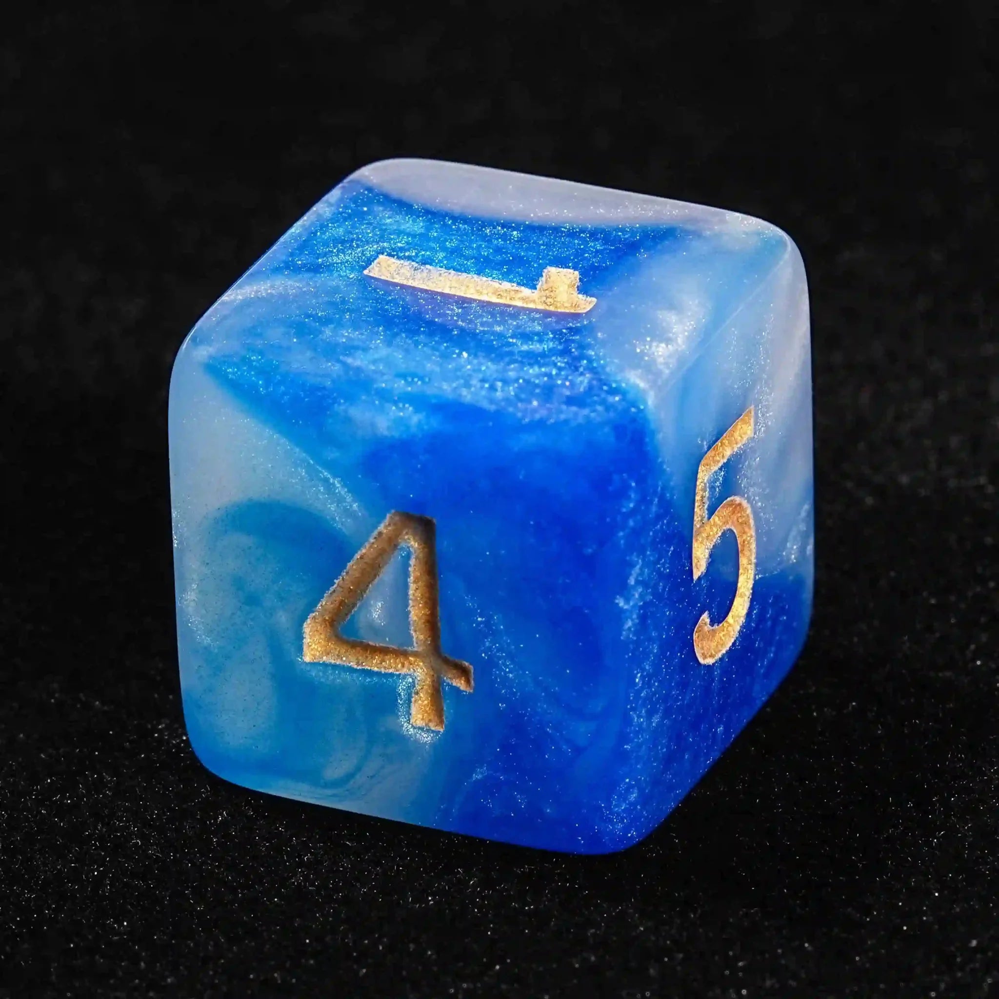 Blue and white swirl acrylic DND dice set + gold font