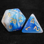 Blue and white swirl acrylic DND dice set + gold font