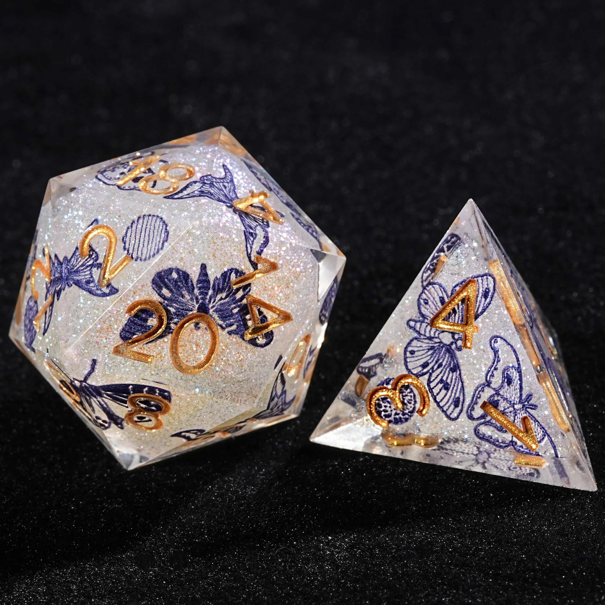 Blue Butterfly Resin DND Dice Set + Gold Font