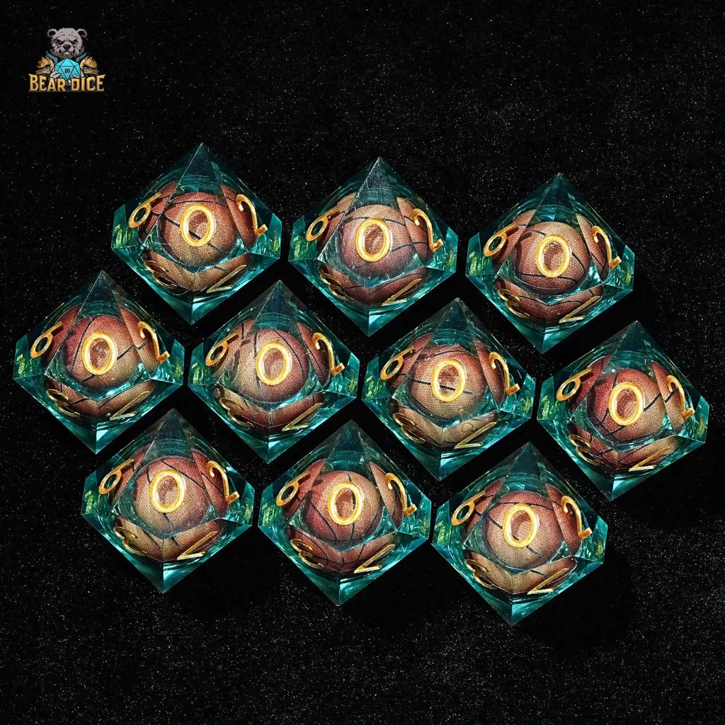 Blue Clear Resin D10 Dice - Basketball Liquid Core 10 Sided Dice